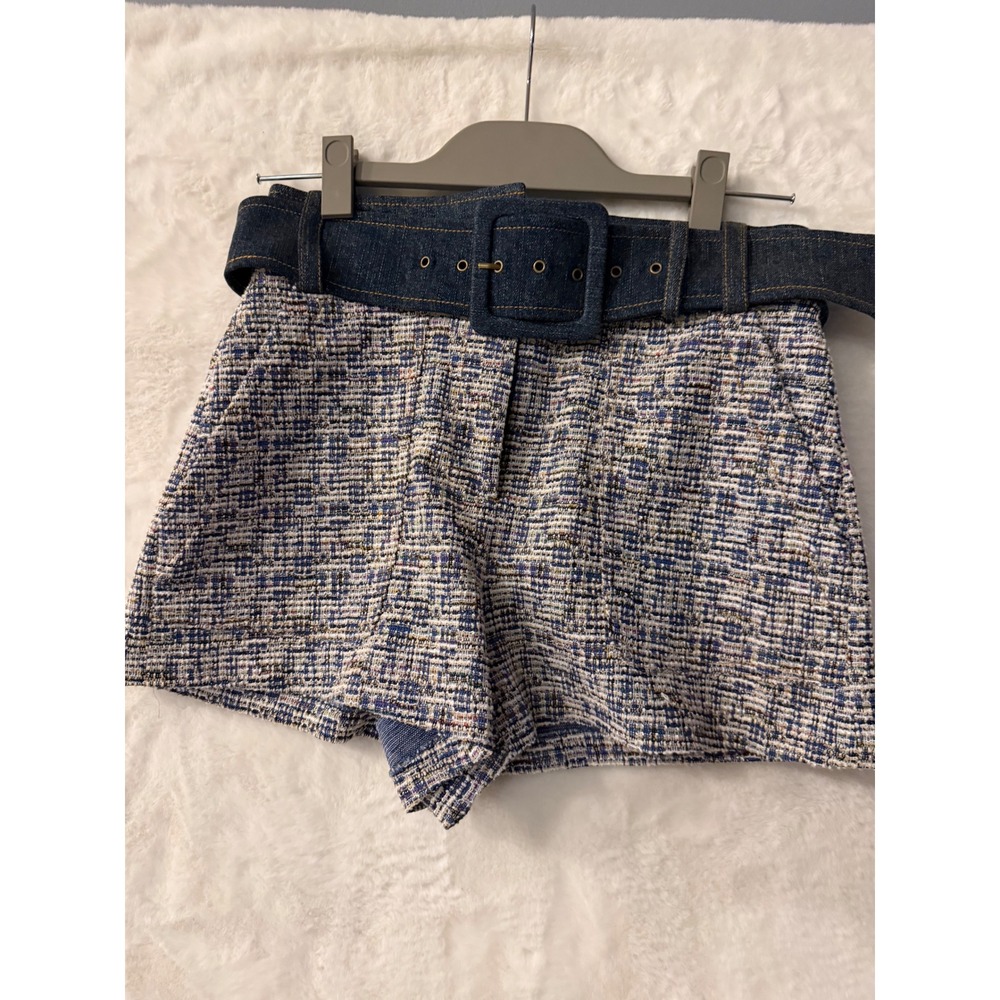Alice + Olivia Tweed High Waisted Shorts Blue Denim Belted Mixed Media RN141698